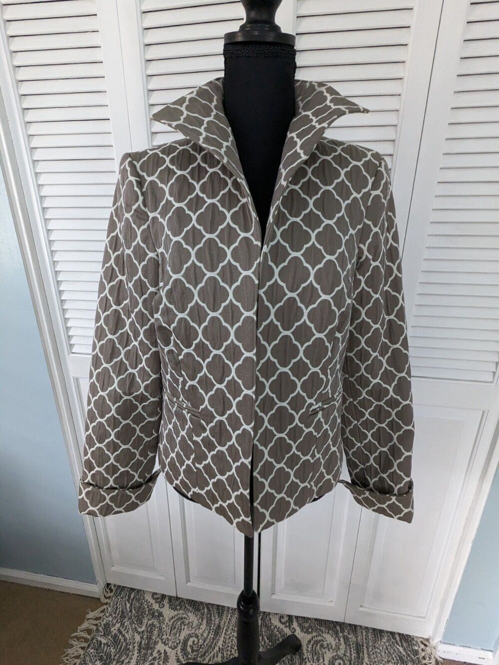 3 Sisters Jacket Coat S(4-6) Open Front Dressy USA Made Geometric Taupe Brown